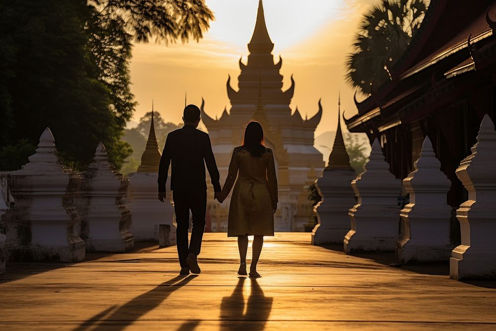 Laos couple make a merit at temple spirituality togetherness architecture. AI generated Image by rawpixel.
