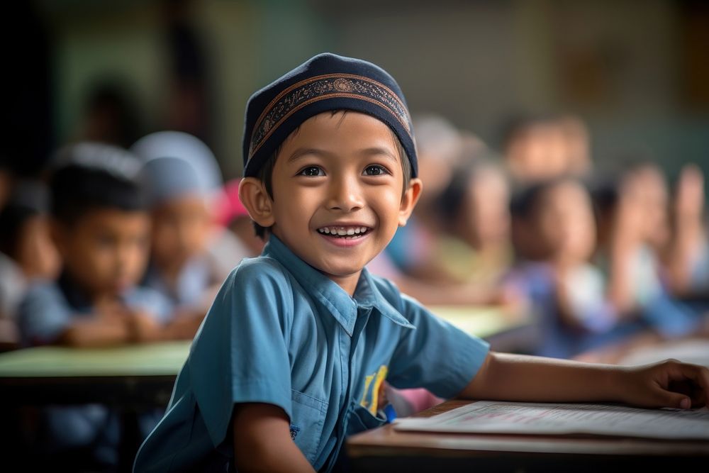 Malaysian Student in classroom student child smile. AI generated Image by rawpixel.