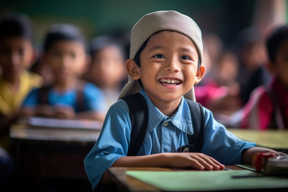 Malaysian Student in classroom student smile child. AI generated Image by rawpixel.