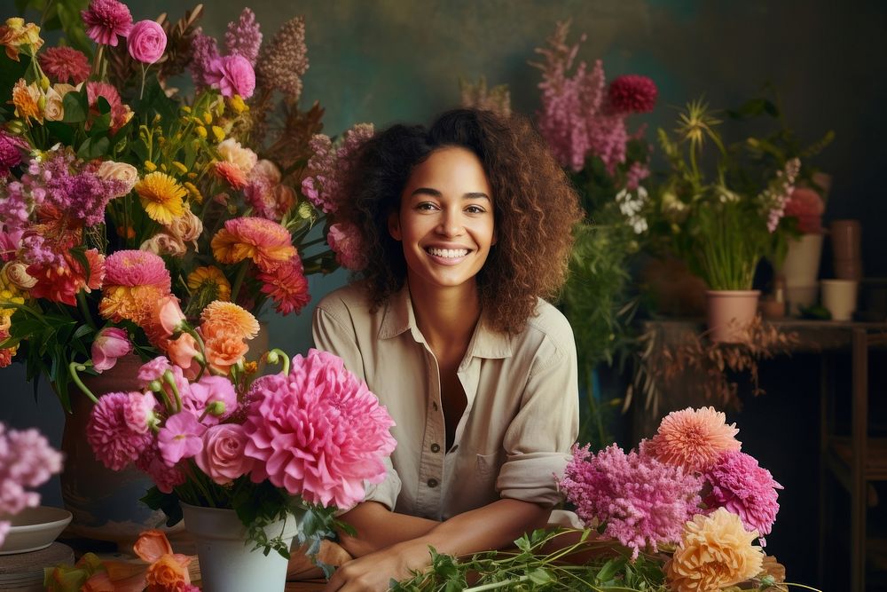 Multiracial female florist cheerful flower adult. AI generated Image by rawpixel.