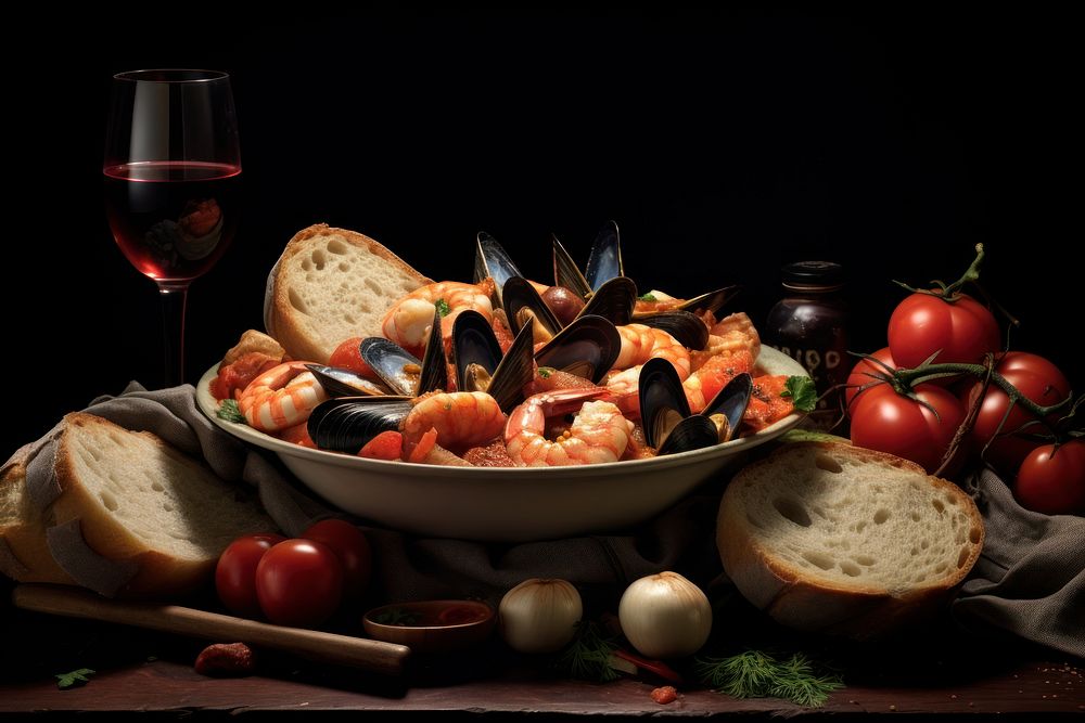 Cioppino seafood glass meal. AI generated Image by rawpixel.