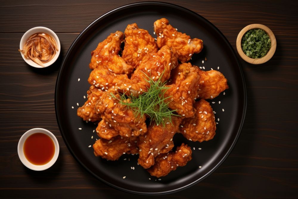 Korean fried chicken plate food condiment. AI generated Image by rawpixel.