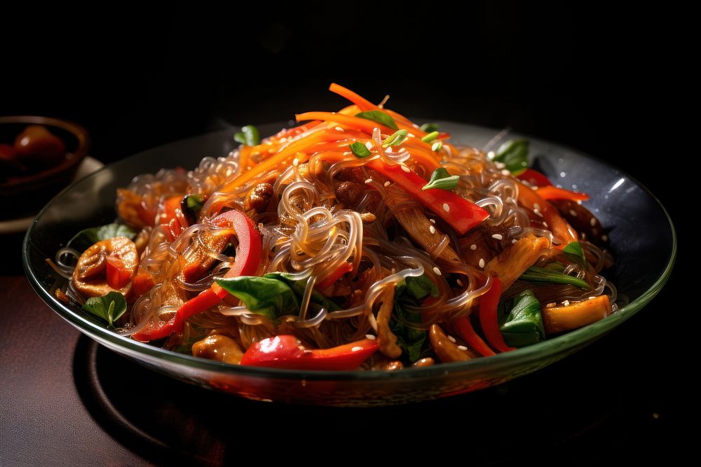 Japchae noodle pasta plate. AI generated Image by rawpixel.
