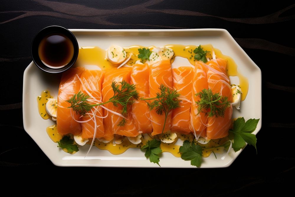 Salmon sashimi seafood plate clementine. AI generated Image by rawpixel.