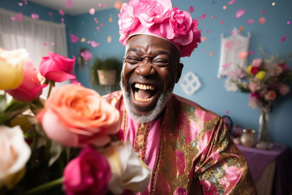 Nigerian man tradition laughing flower. AI generated Image by rawpixel.