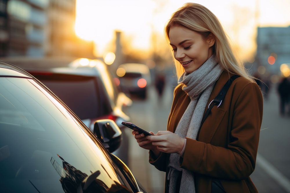 Woman checkup her new car vehicle adult phone. AI generated Image by rawpixel.