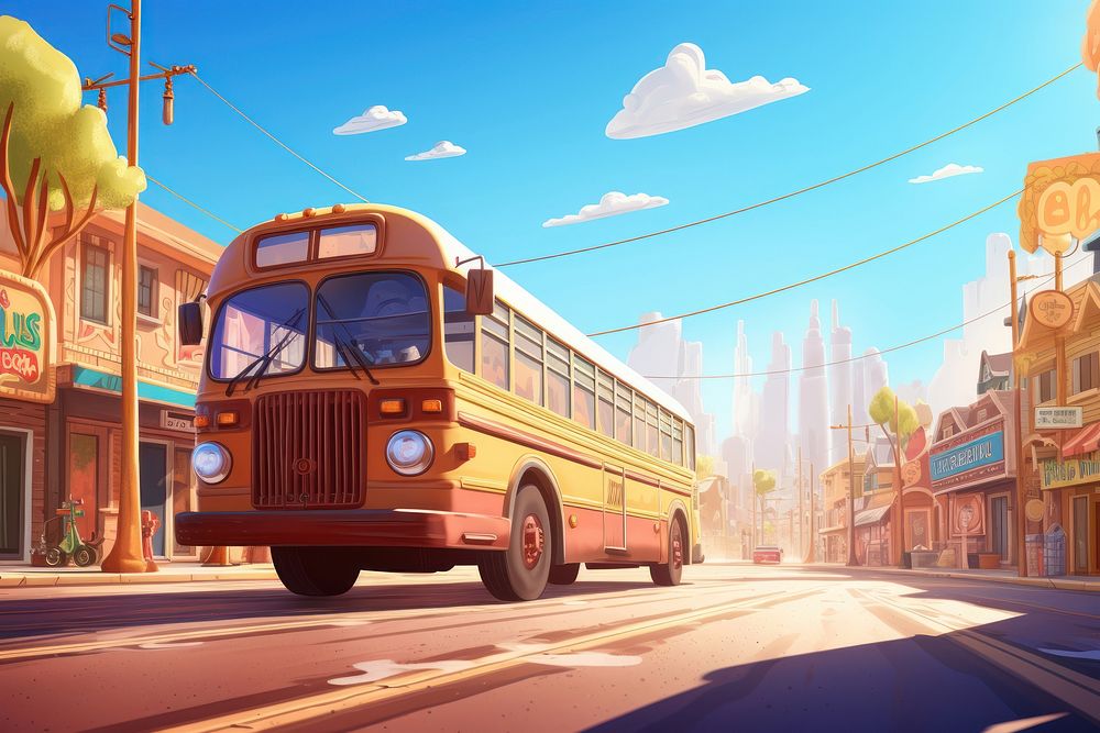 Bus school high noon car vehicle cartoon. AI generated Image by rawpixel.