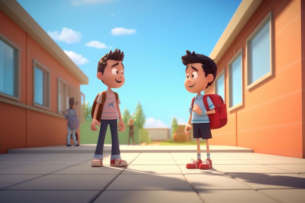 Walking into school with my friend cartoon architecture togetherness. AI generated Image by rawpixel.
