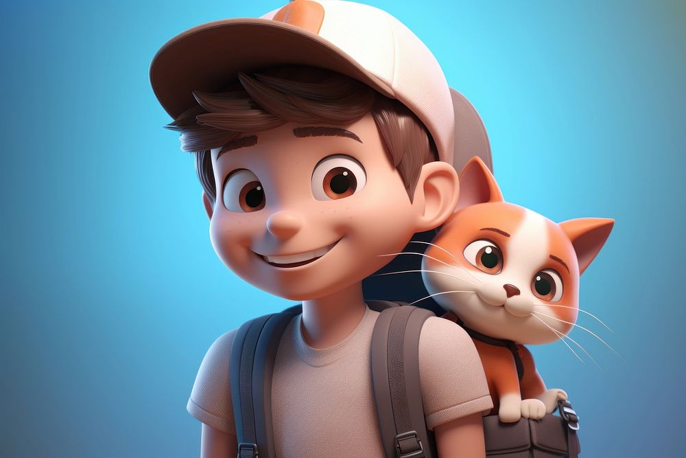A boy wearing hat backpack with my cat cartoon mammal face. AI generated Image by rawpixel.