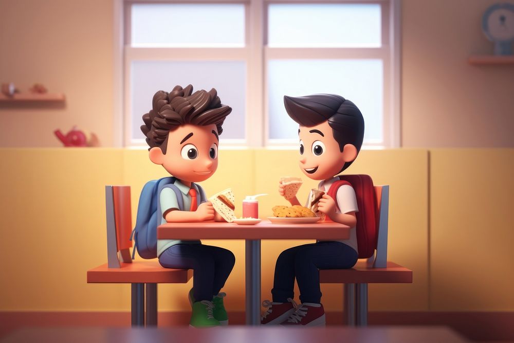 Boy with friend eat lunch at the school cartoon togetherness friendship. AI generated Image by rawpixel.