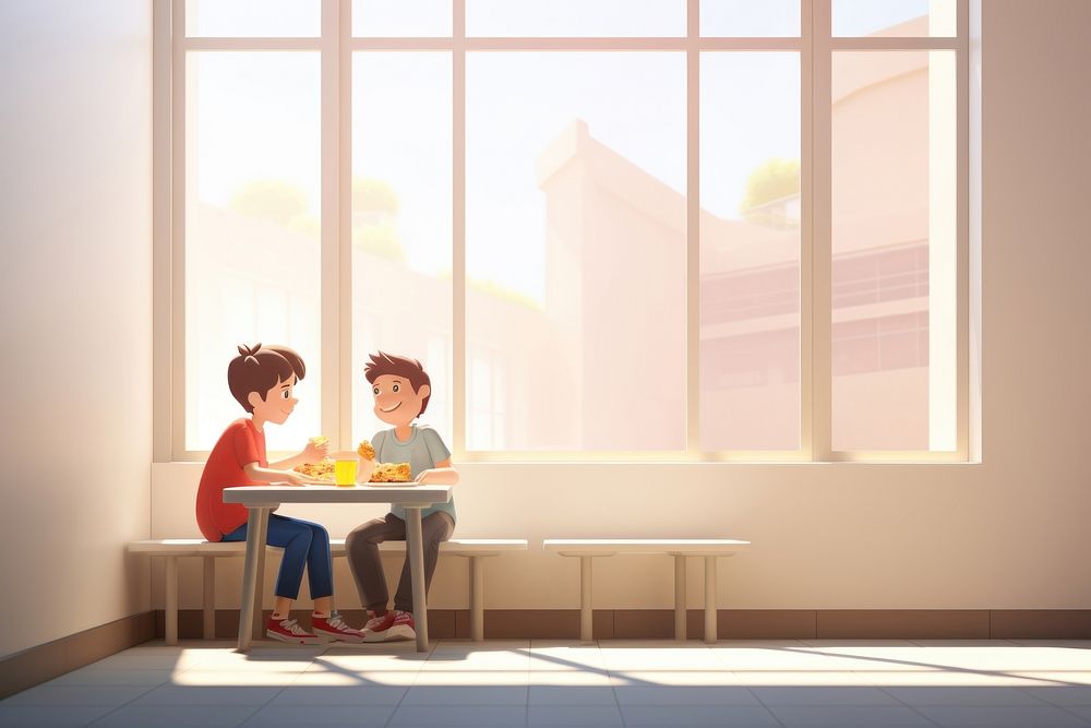 Boy with friend eat lunch at the school cafeteria window furniture cartoon. AI generated Image by rawpixel.