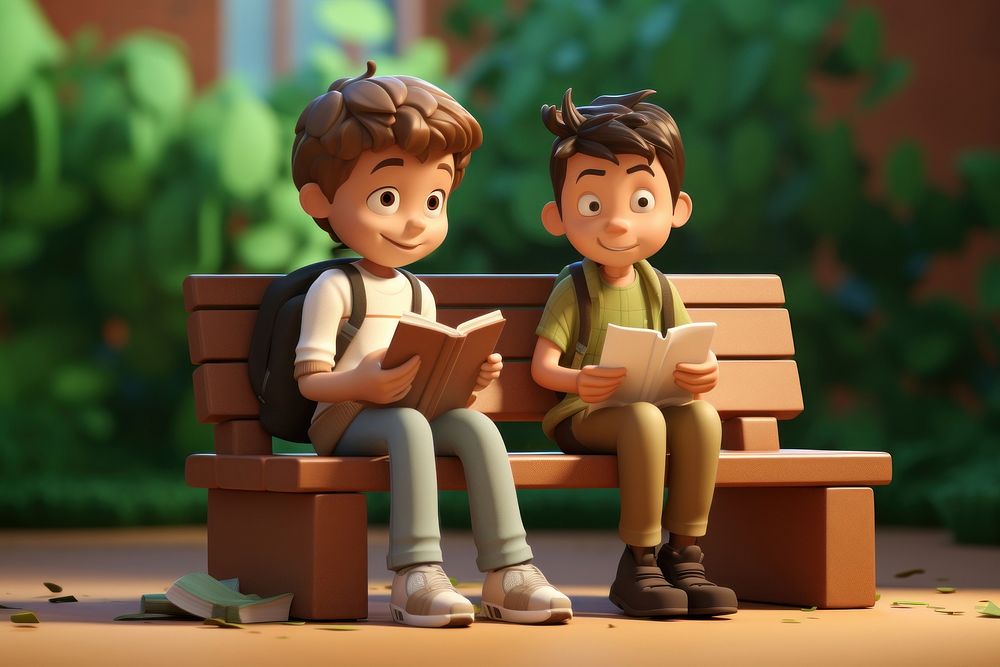 A boy read a book with friend sit Bench in front of school cartoon bench togetherness. AI generated Image by rawpixel.
