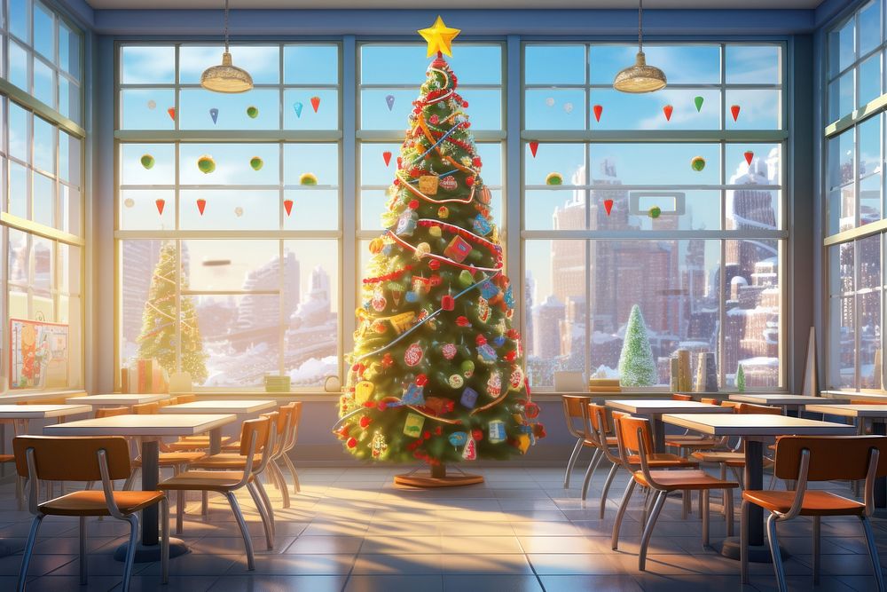 School cafeteria Christmas tree christmas window chair. AI generated Image by rawpixel.