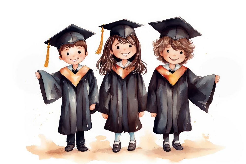 Three kids wearing graduation gown white background togetherness intelligence. AI generated Image by rawpixel.