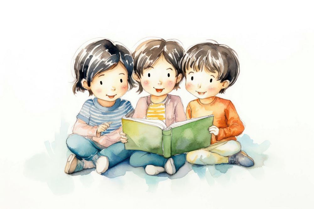 Three reading together publication drawing sketch. AI generated Image by rawpixel.