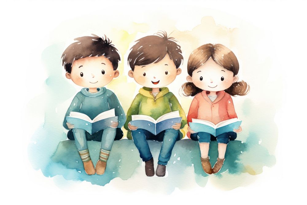 Three reading together publication child cute. AI generated Image by rawpixel.