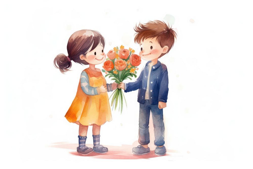 A boy give a bouquet a girl child cute kid. AI generated Image by rawpixel.