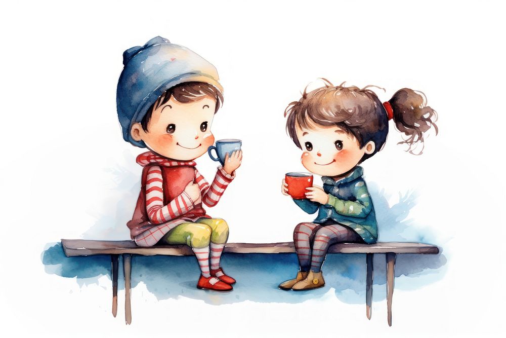 Two children drink tea togeter bench cute art. AI generated Image by rawpixel.