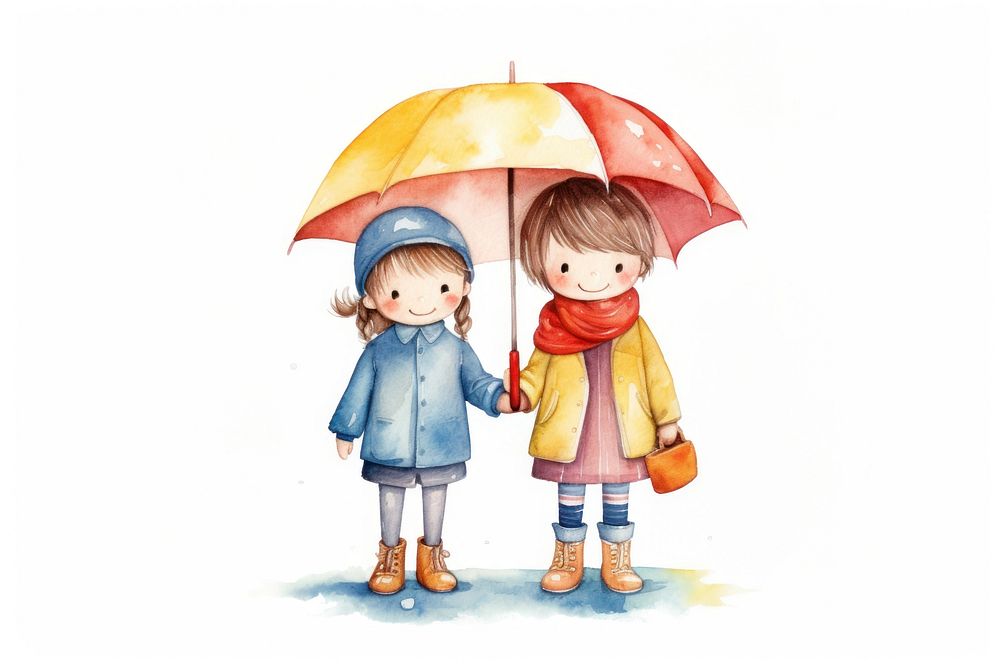 Two children standing with umbrella raincoat cute white background. AI generated Image by rawpixel.