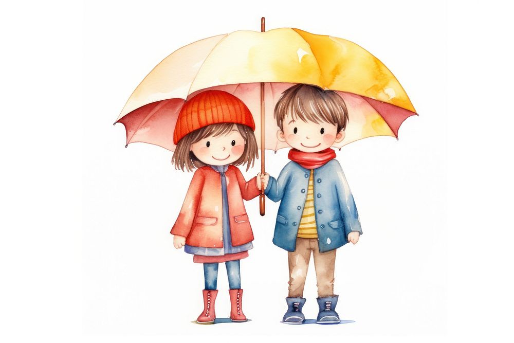 Two children standing with umbrella cute coat white background. AI generated Image by rawpixel.