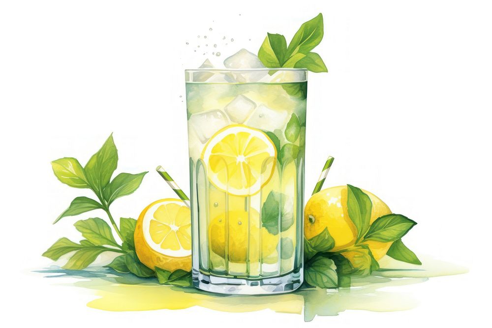 Watercolor glass of summer lemon juice lemonade cocktail mojito. AI generated Image by rawpixel.