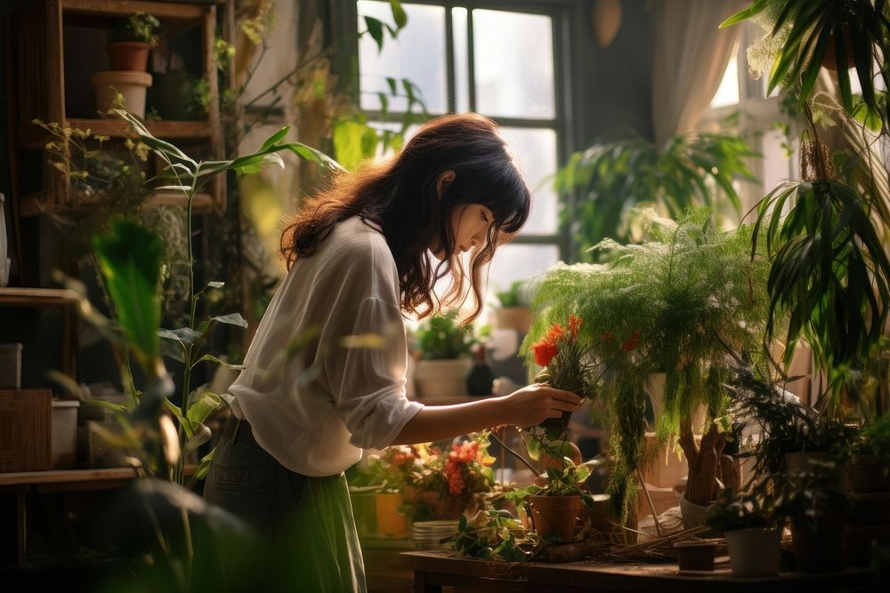 Woman checking houseplants gardening nature adult. AI generated Image by rawpixel.