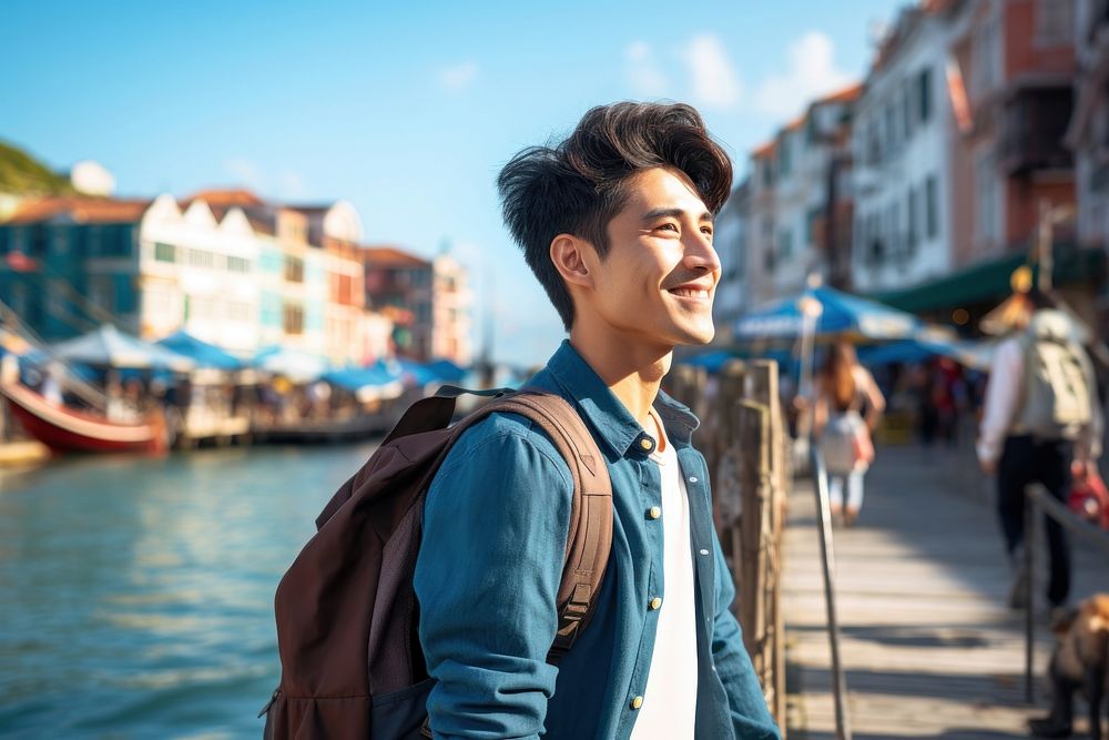 Asian man look at taked photo travel adult smile. AI generated Image by rawpixel.