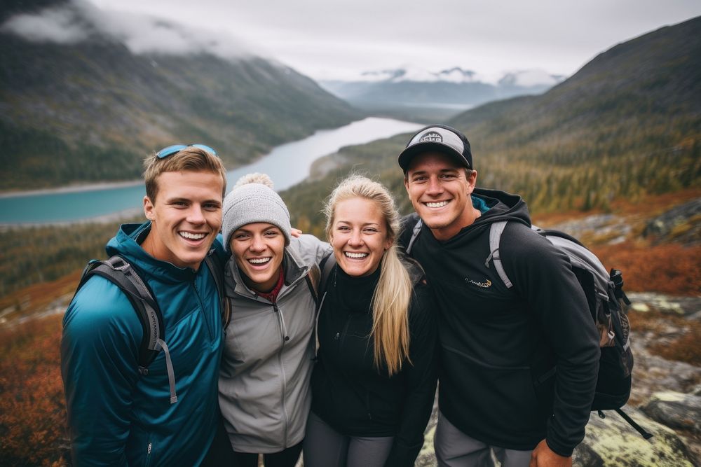 Family and friends hiking adventure mountain portrait. AI generated Image by rawpixel.