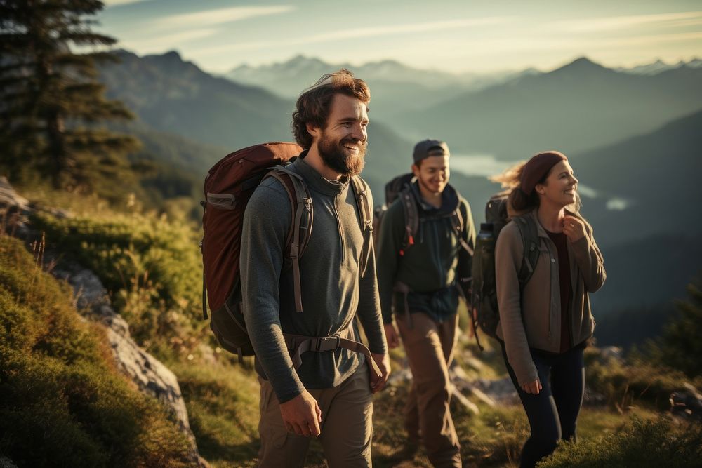 Friends hiking together backpacking recreation adventure. AI generated Image by rawpixel.