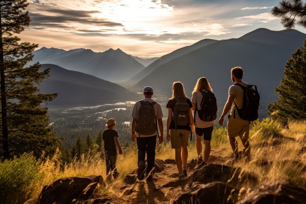 Friends hiking together backpacking recreation adventure. AI generated Image by rawpixel.