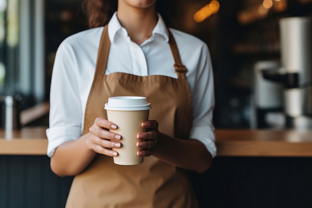 Waitress holding and serving a paper cup of hot coffee cafe mug refreshment. AI generated Image by rawpixel.