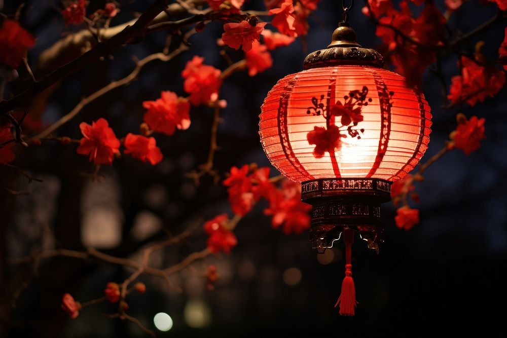 Chinese red lantern illuminated autumn night. AI generated Image by rawpixel.