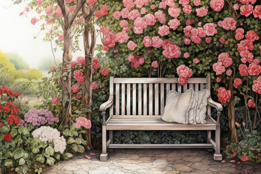 Bench in the middle of a garden furniture outdoors flower. AI generated Image by rawpixel.