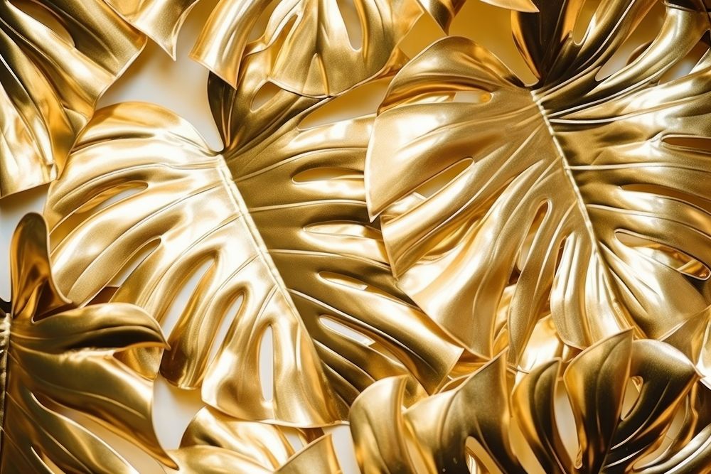 Monstera pattern texture gold backgrounds crumpled. AI generated Image by rawpixel.