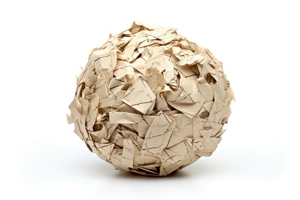 Crumbled paper ball sphere art white background. AI generated Image by rawpixel.