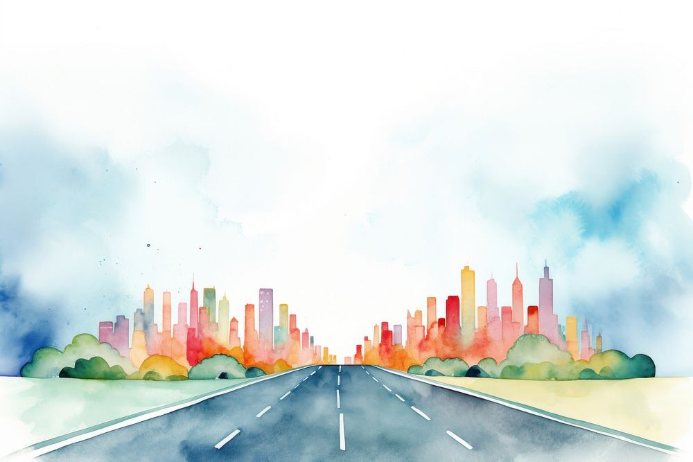 Road towards modern city painting outdoors sky. AI generated Image by rawpixel.