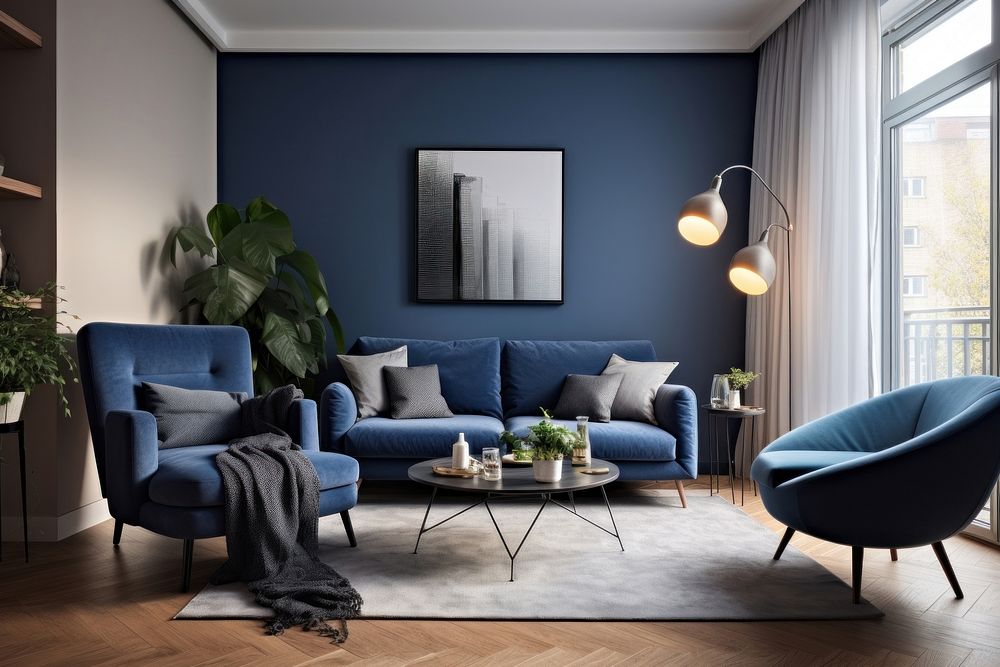 Dark blue sofa and recliner chair room architecture furniture. 