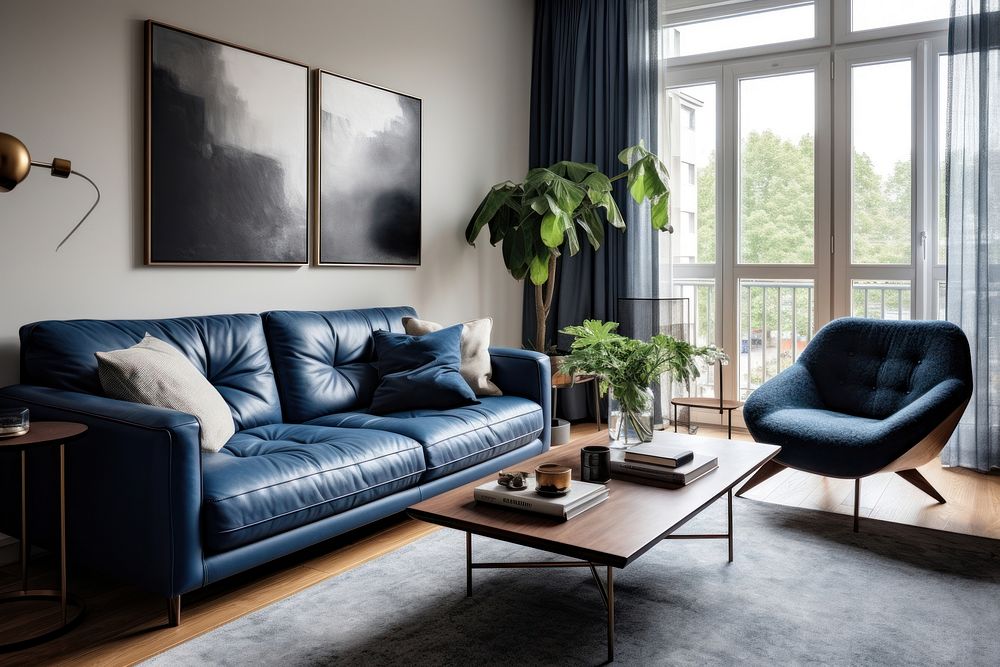 Dark blue sofa and recliner chair room architecture furniture. AI generated Image by rawpixel.