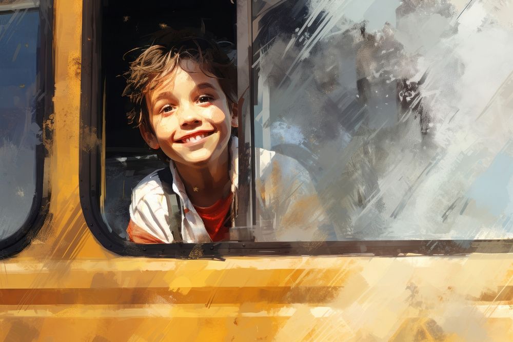 A boy in side window to backtoschool bus portrait vehicle happy. AI generated Image by rawpixel.