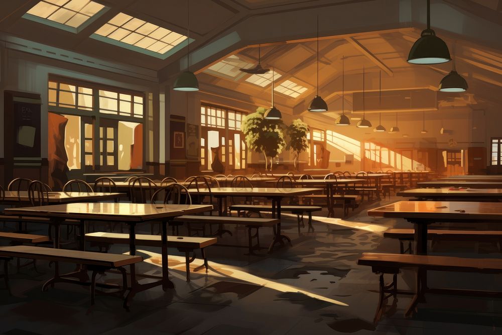 School cafeterial architecture restaurant furniture. AI generated Image by rawpixel.