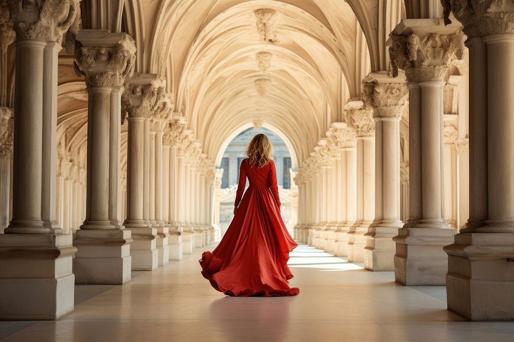 Woman walking through Italian architecture fashion building corridor. AI generated Image by rawpixel.