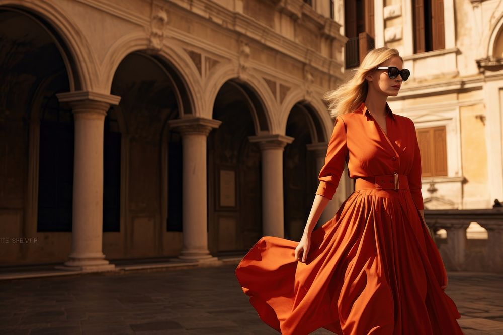 Woman walking through Italian architecture fashion adult dress. AI generated Image by rawpixel.