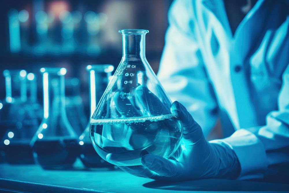 Hand of scientist with test laboratory chemistry blue. AI generated Image by rawpixel.