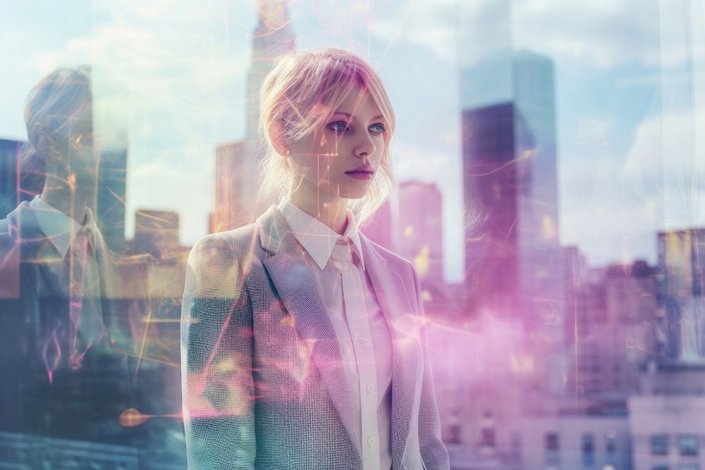 Businesswoman and city skyline portrait photo contemplation. AI generated Image by rawpixel.