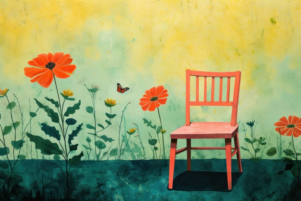 Chair in the middle of a garden furniture painting flower. AI generated Image by rawpixel.