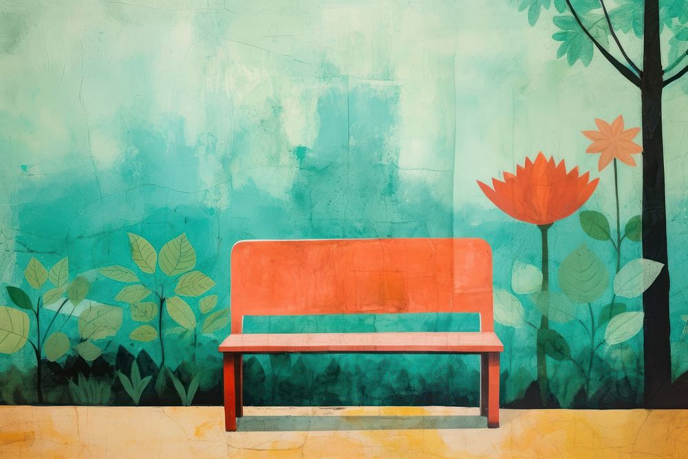 Bench in the middle of a garden furniture painting art. AI generated Image by rawpixel.