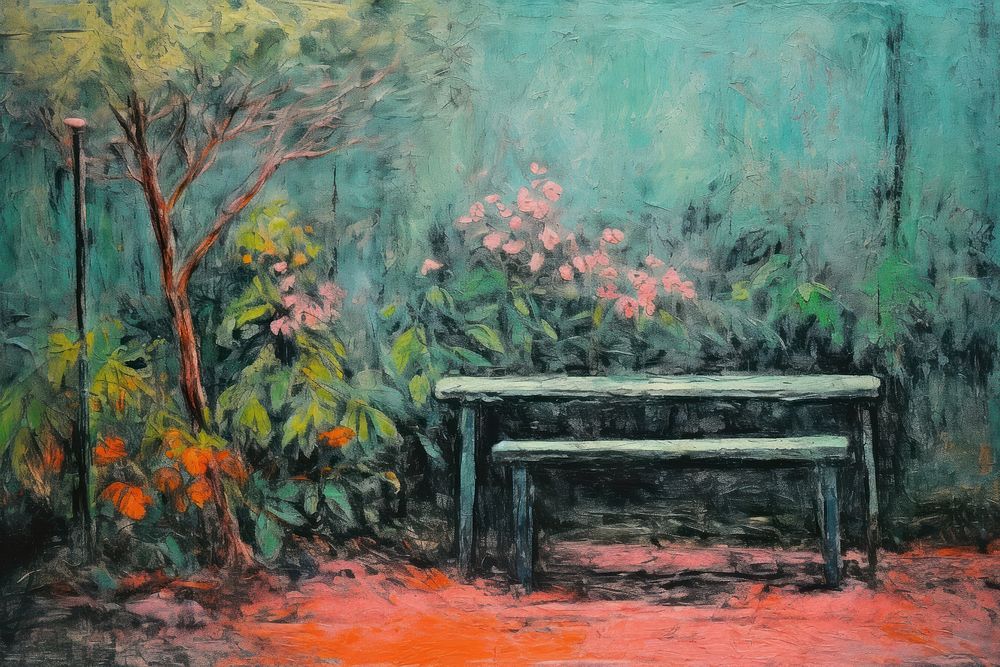 Bench in the middle of a garden art furniture painting. AI generated Image by rawpixel.