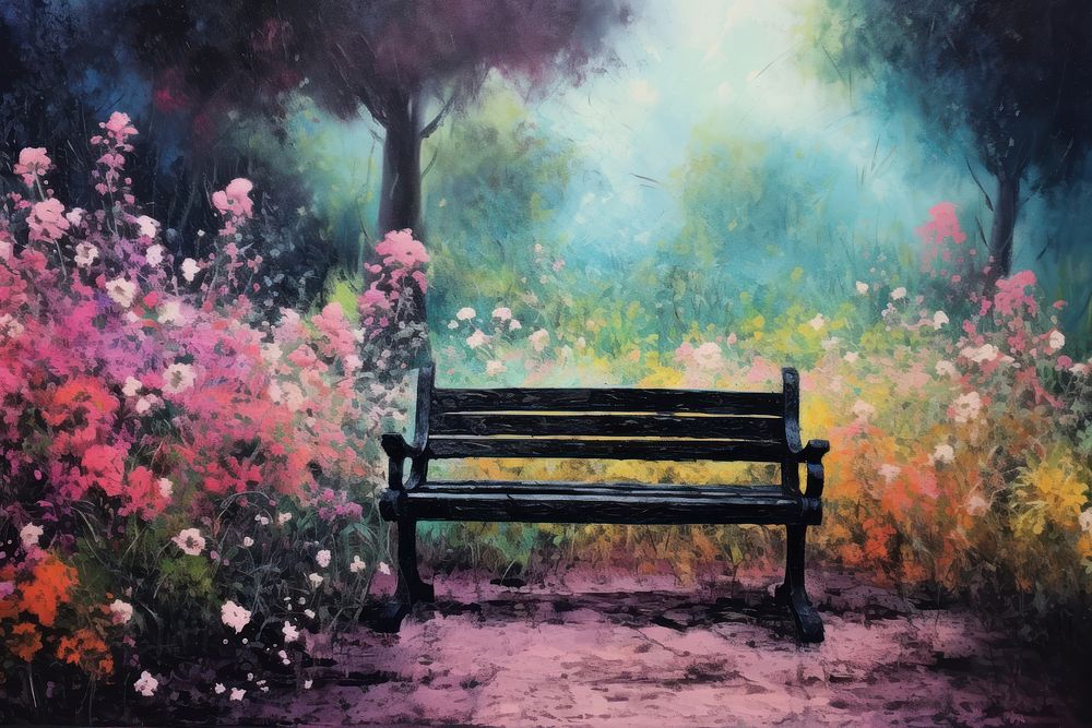 Bench in the middle of a garden outdoors nature flower. AI generated Image by rawpixel.
