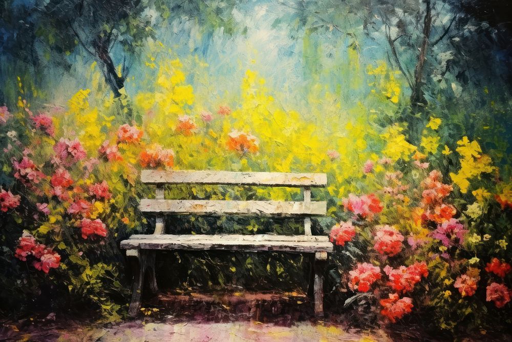 Bench in the middle of a garden art painting outdoors. AI generated Image by rawpixel.