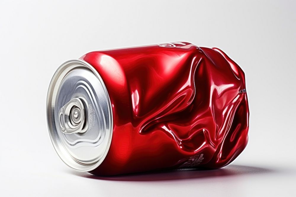 Red crumpled aluminum can white background refreshment container. AI generated Image by rawpixel.